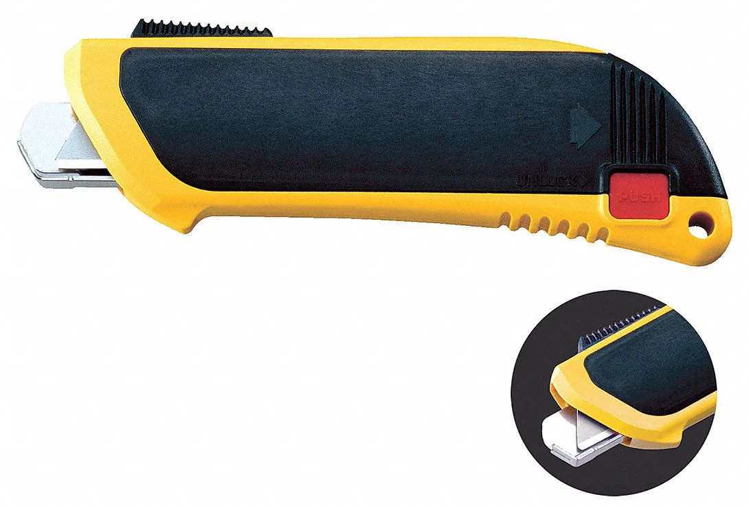 Yellow contoured handle safety knife with tether, 5 1/2 in overall length
