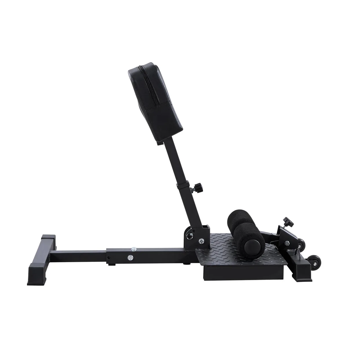 Black steel sissy squat bench with padded backrest, seat and foot rollers, foldable frame