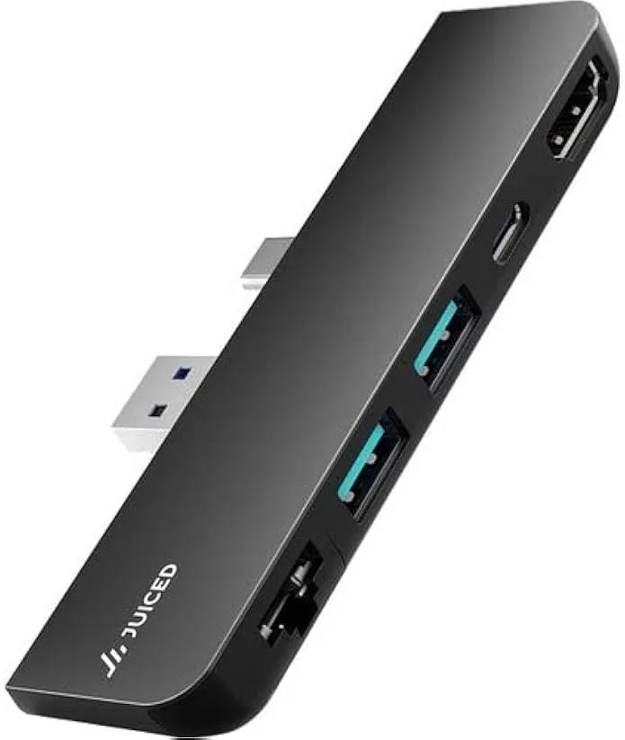 Compact silver multiport adapter with HDMI, Ethernet, two USB-A and one USB-C port