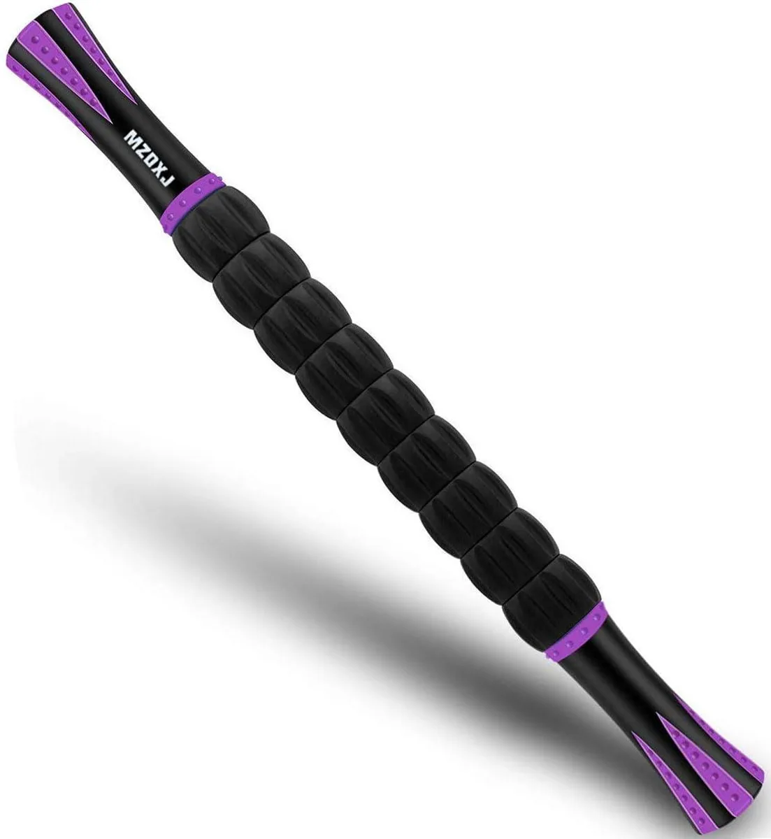 Purple and black plastic massage roller stick 18 inch long with multiple wheels