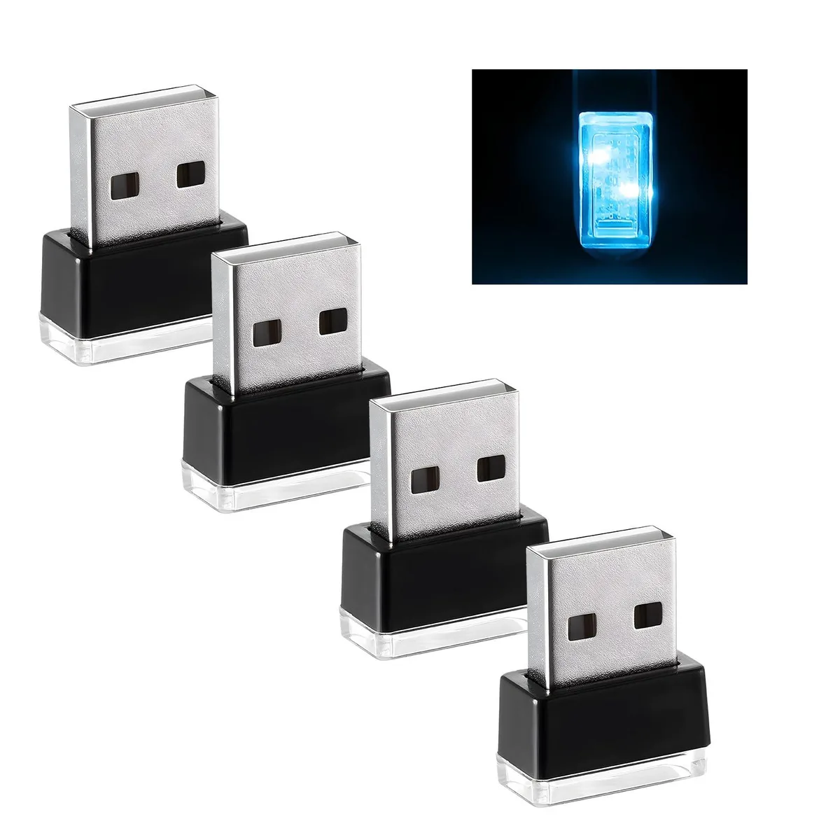 Four tiny ice-blue USB LED sticks, each about the size of a thumb tip