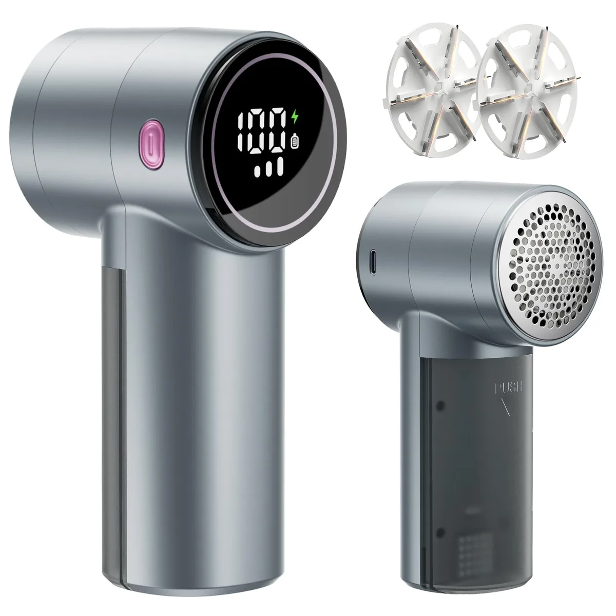 White plastic fabric shaver with digital display and transparent lint bin