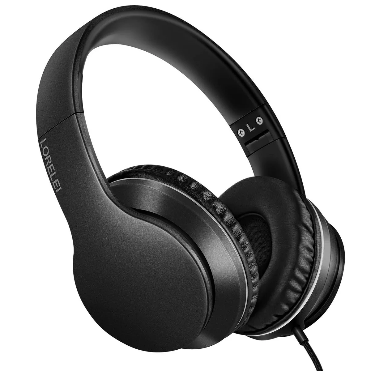 Black over-ear wired headphones with foldable headband and 1.45m braided cable