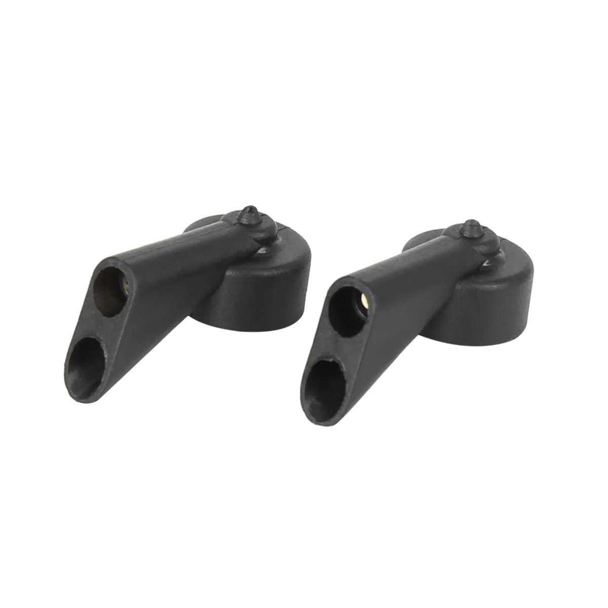 Two black plastic rear windshield washer nozzles with double holes