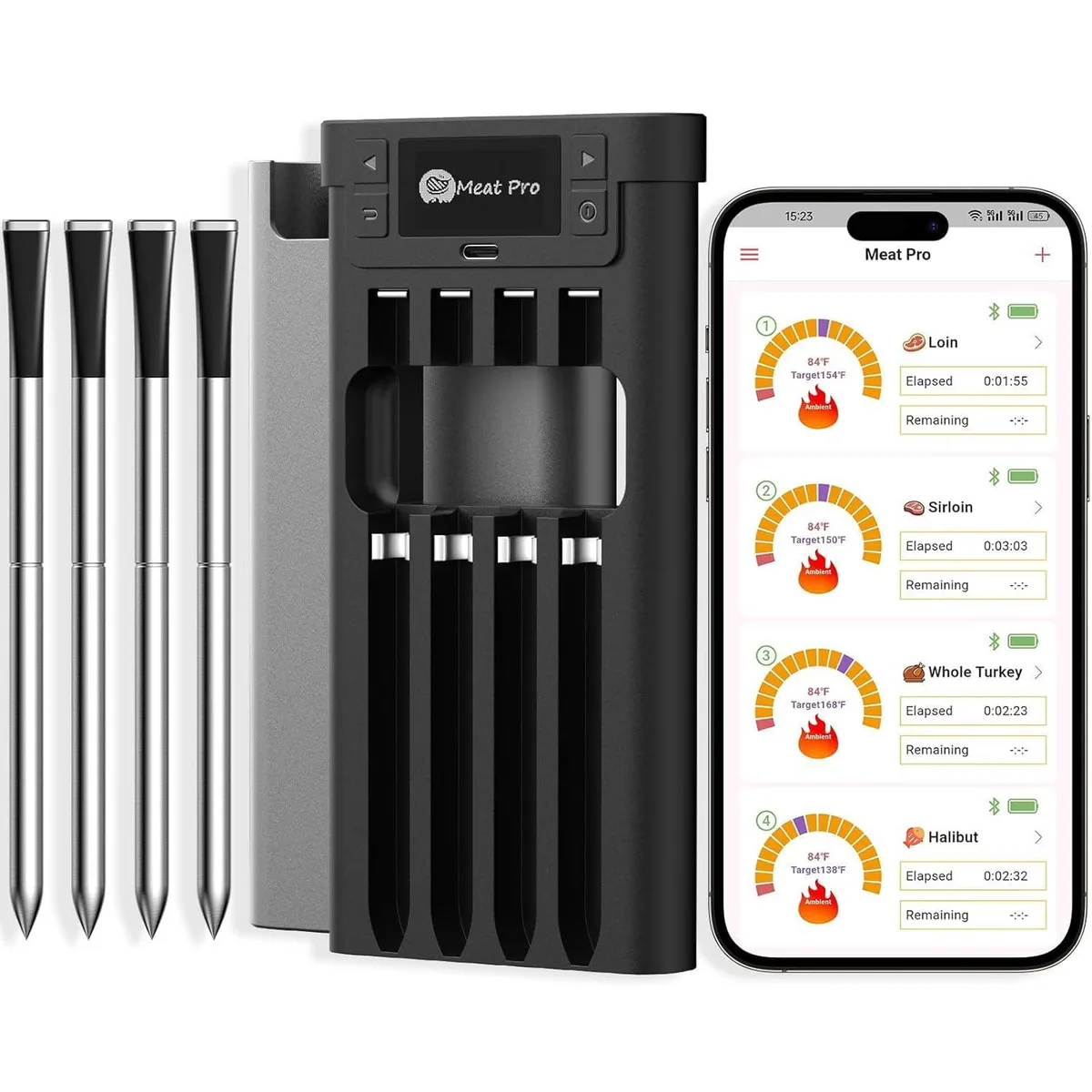 Black wireless thermometer base with four probes in charging slots