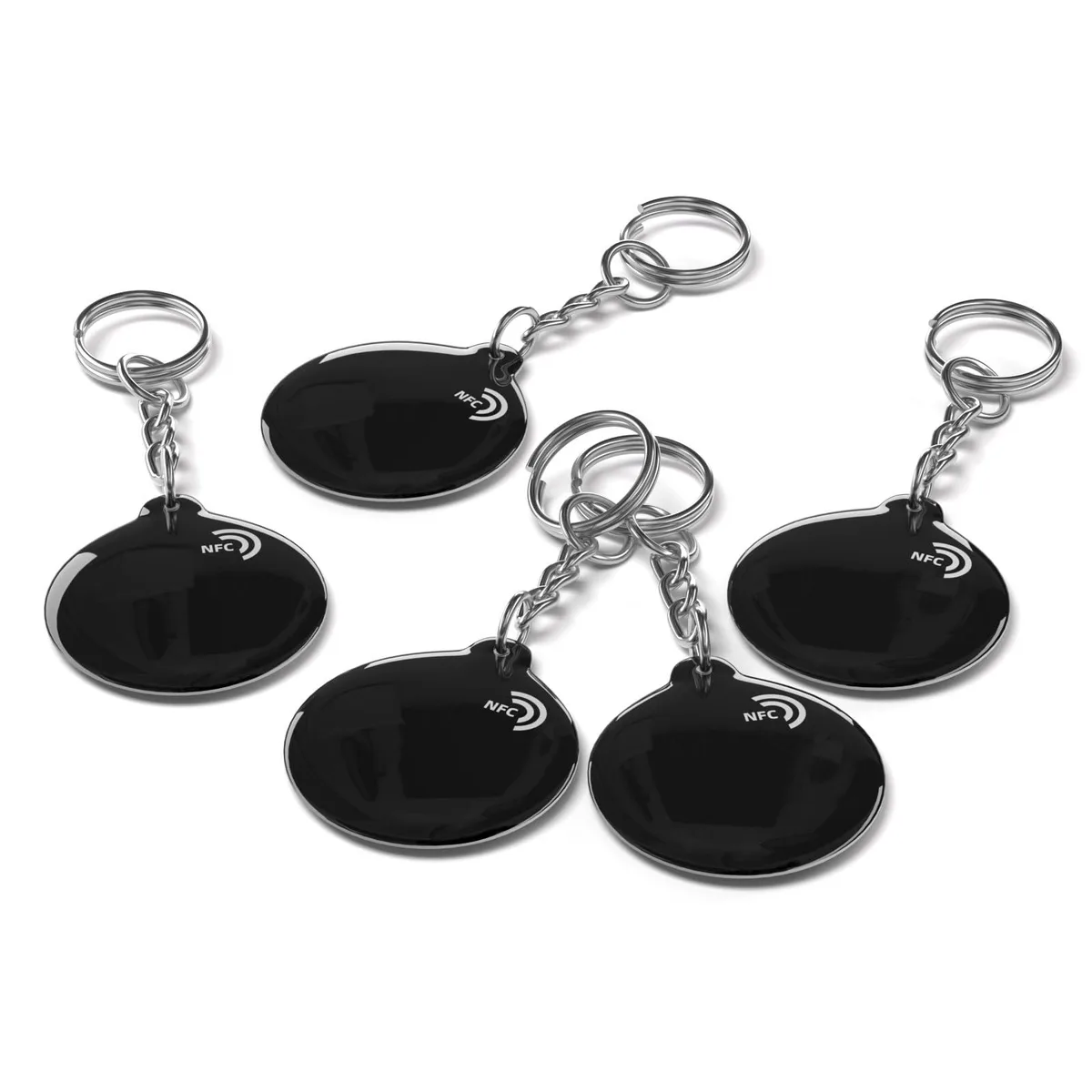 Five small black round NFC key fobs on metal chains