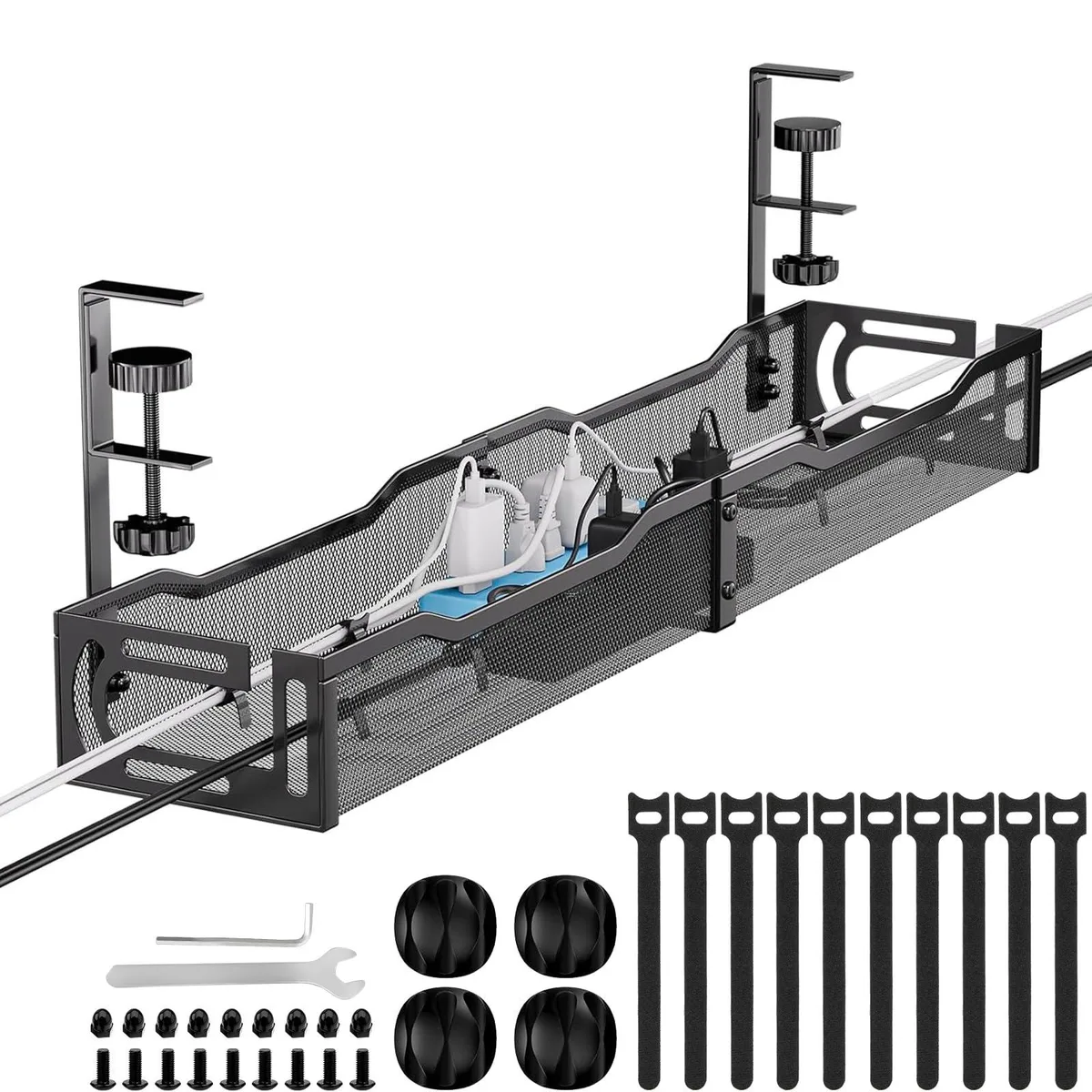 Black metal clamp-on cable tray, 25 inches long, mesh design, rubber-padded clamps, no-drill mount