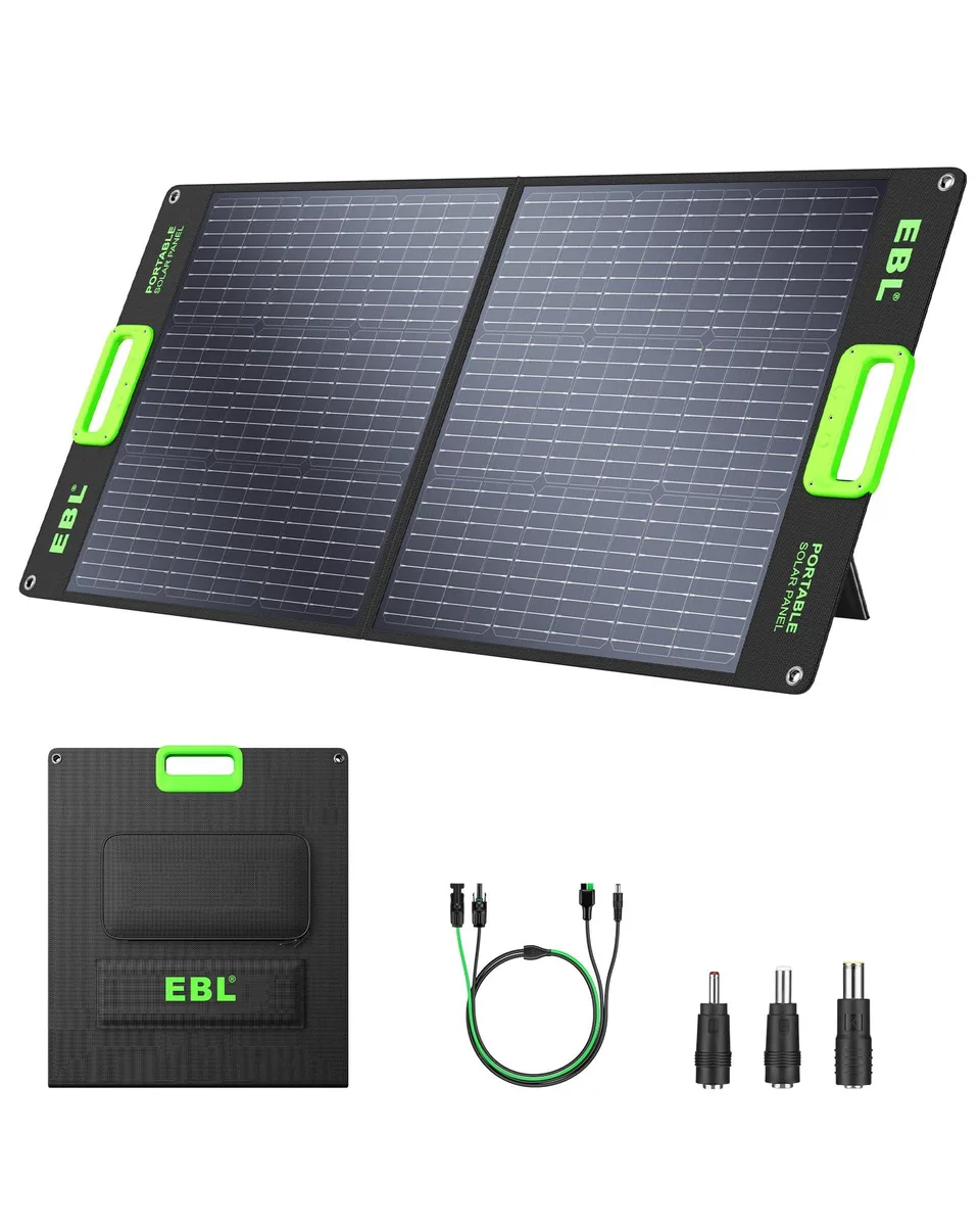 Folded 100W monocrystalline panel with kickstand and cables