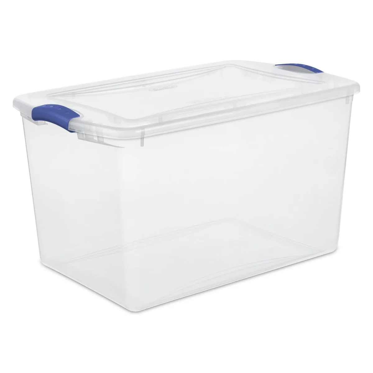 Clear blue-latched plastic storage bin, 24 by 16 by 13 inches