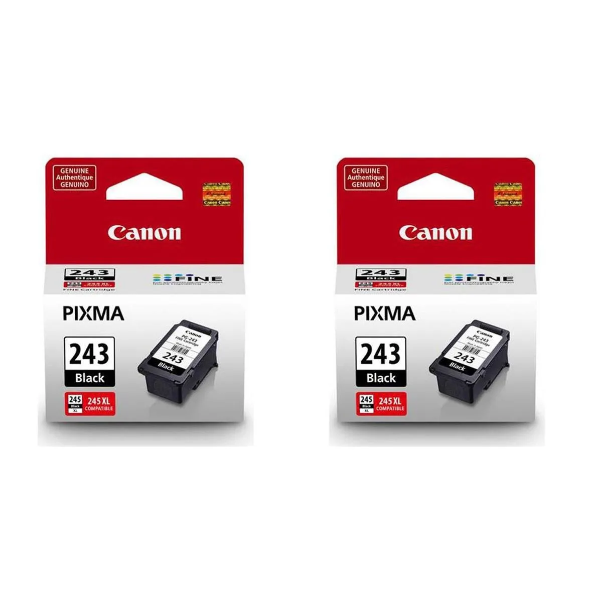Two rectangular black Canon PG-243 ink cartridges side by side