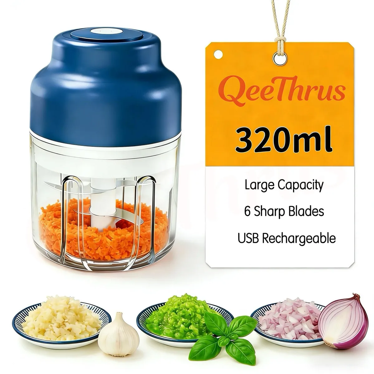Compact blue food processor with transparent container and stainless steel blades