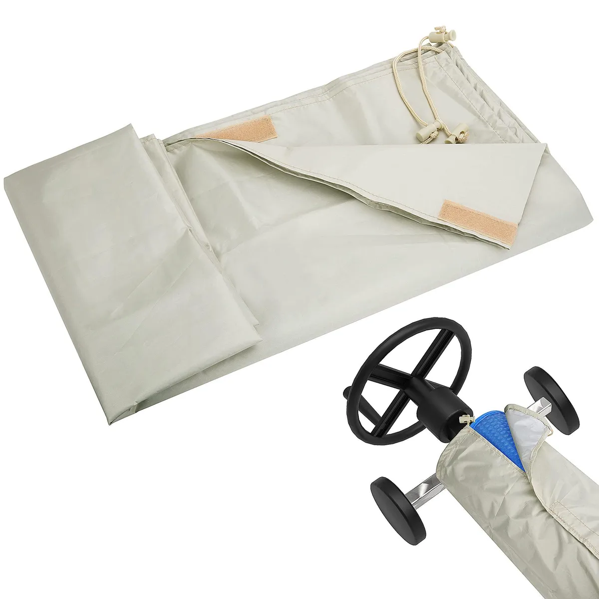 Blue woven polyester cover with drawstring and Velcro closures, folded flat showing rectangular shape