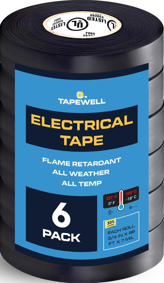 Black Electric Tape 3/4 in x 66ft PVC Electrical Insulating Tape Pack of 6 — product photo