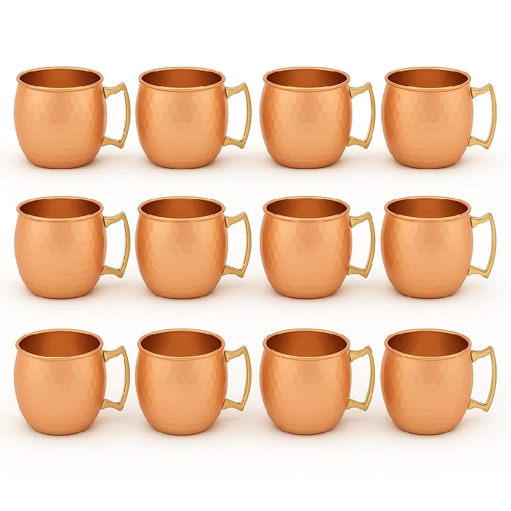 Twelve solid copper barrel mugs with hammered finish and brass handles