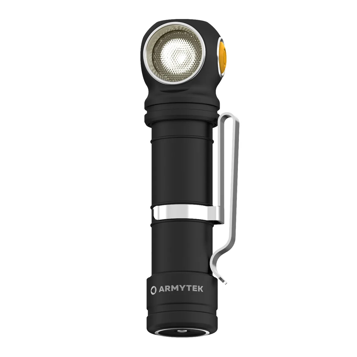 Black cylindrical headlamp with large side button and matte finish