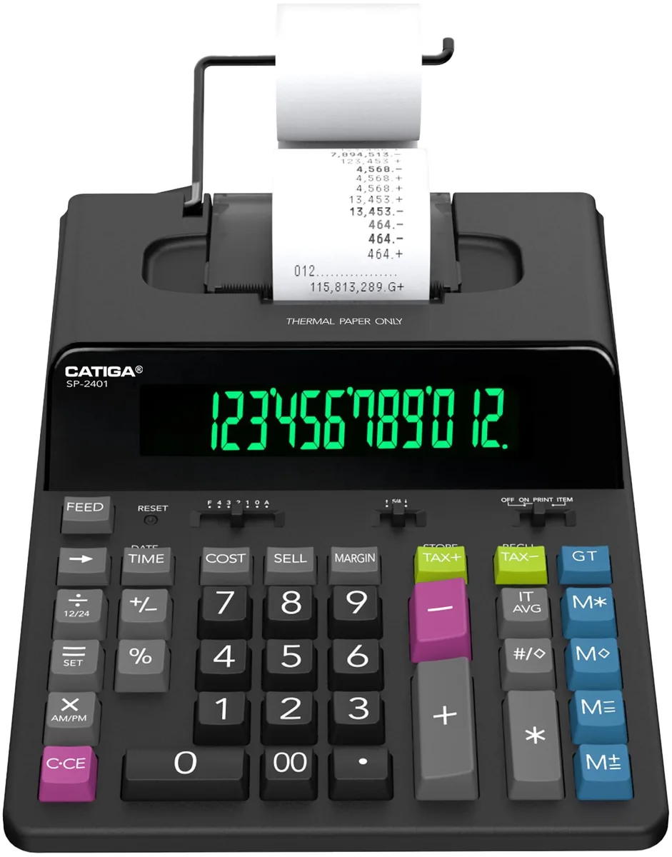 Black desktop printing calculator with 12-digit fluorescent display and paper tape output
