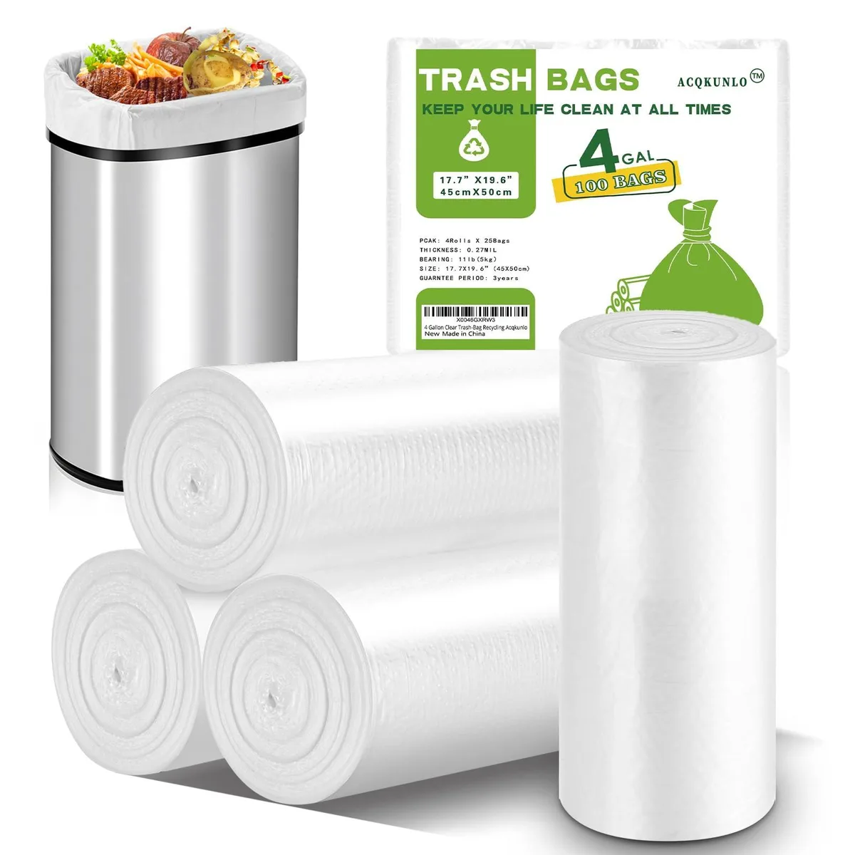  ACQKUNLO 4 Gallon Clear Trash Bags 100 Count 17.7x20in — product photo