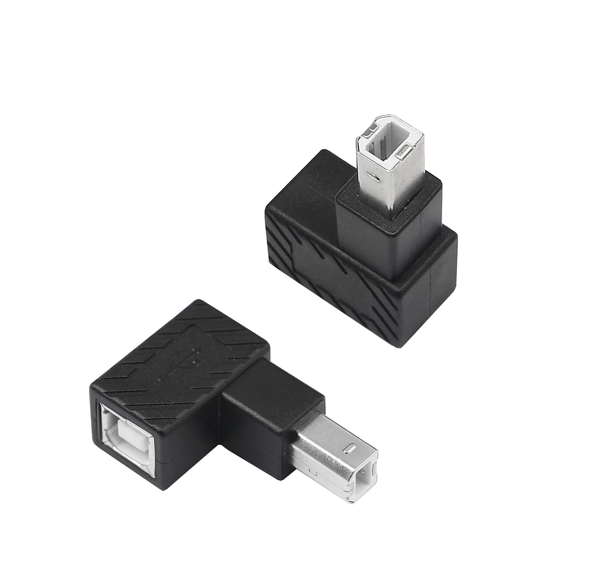 Two black right-angle USB Type-B male-to-female adapters