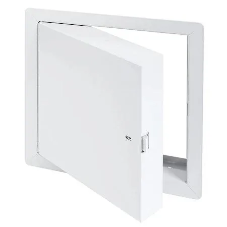 Square steel access door with white powder-coated finish, flush mount, self-latching tool key ring latch, piano hinge, 18 by 18 inches