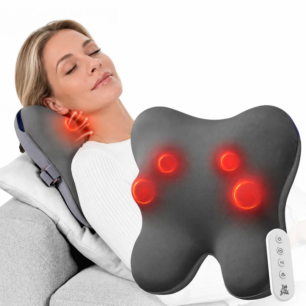 Gray rectangular massage pillow with curved ergonomic shape and soft fabric finish