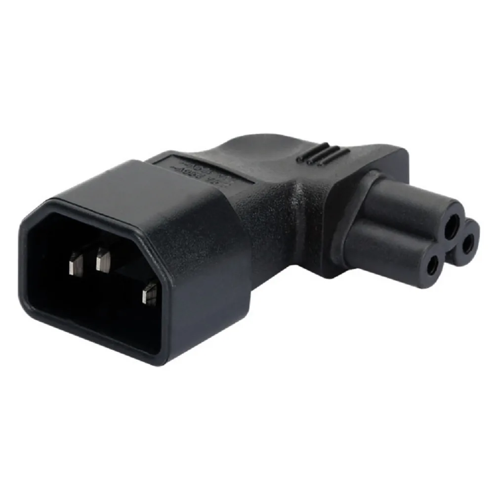 Black IEC C14 male to left-angled C5 female power adapter, 60 x 29 x 21 mm
