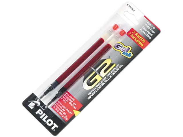 Two red Pilot G2 gel ink refills in clear plastic packaging