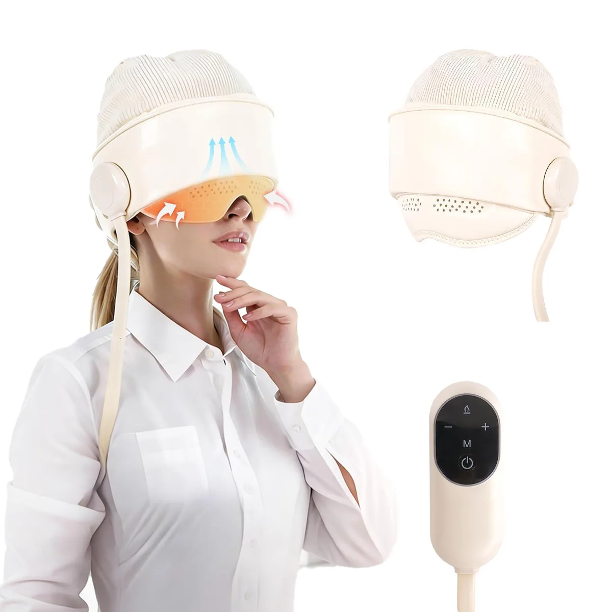 White wrap-around head massager with eye attachments, leather finish, rechargeable battery-powered design