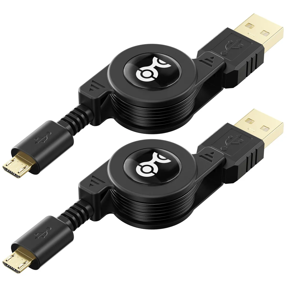 Two retractable Micro USB cables in coiled form with gold connectors
