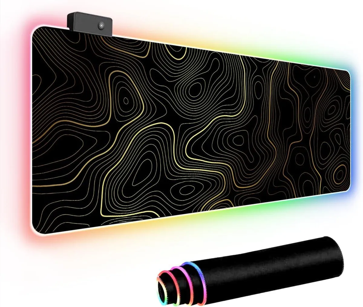 BAOFENG BAOFENG RGB Mouse Pad 31.5 x 11.8 Black Gold Topographic Line — product photo