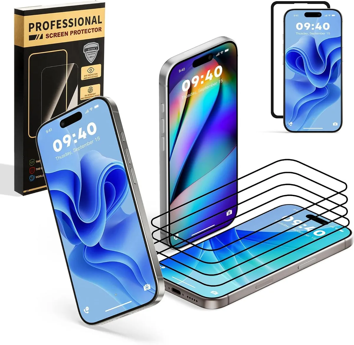 Four tempered-glass screen protectors in clear packaging with alignment frame and cleaning kit