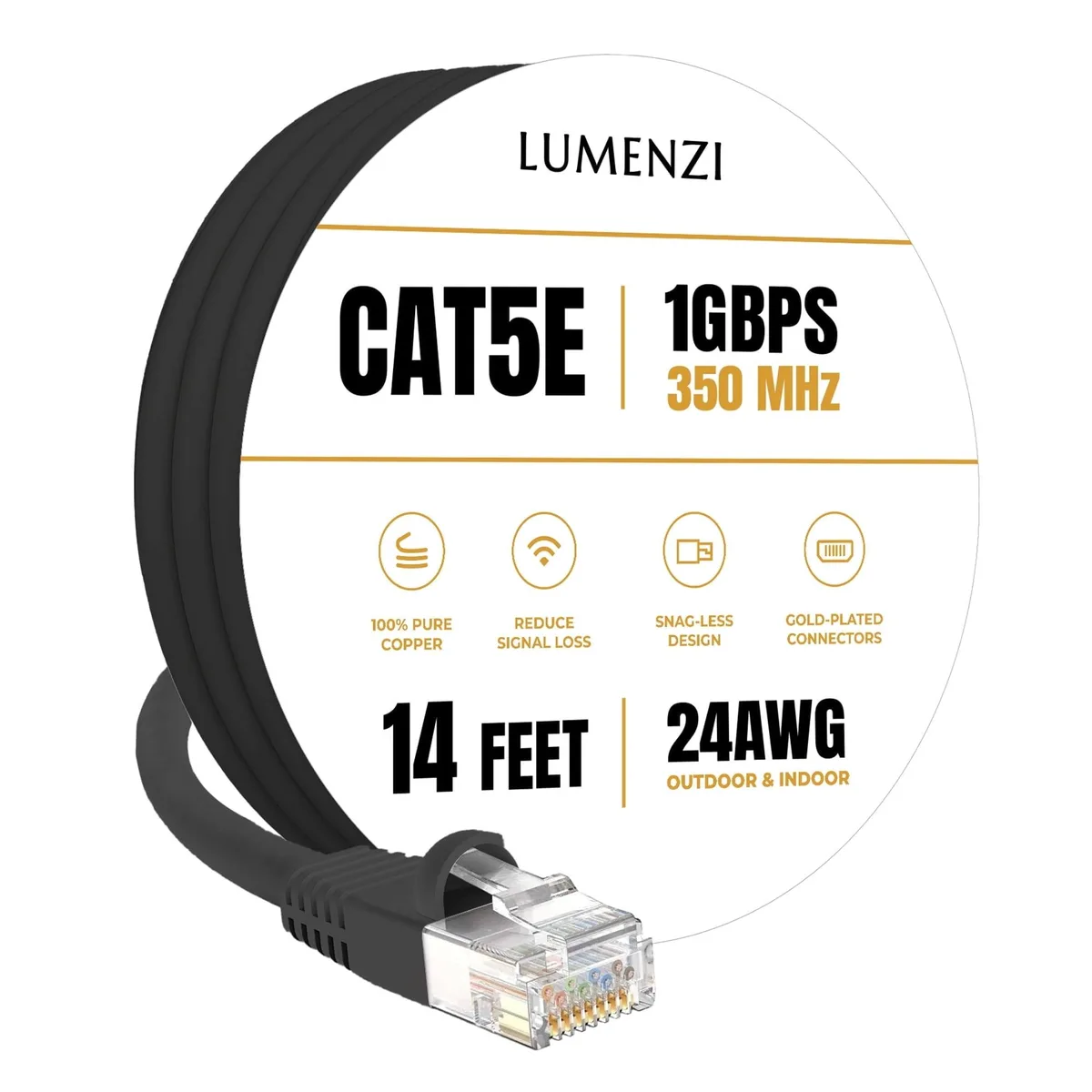 Lumenzi Lumenzi Cat 5e Ethernet Cable 14 FT Black RJ45 1 Gbps 350 MHz Shielded — product photo