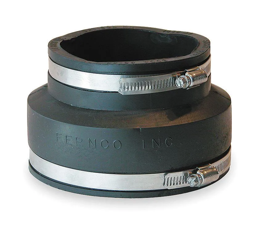 Black flexible PVC coupling with stainless steel bands, 5 by 4 inches