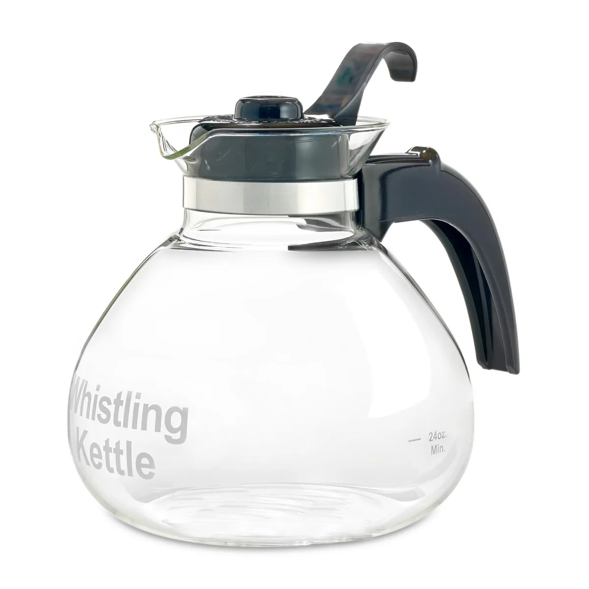 Clear glass 12-cup whistling tea kettle with metal trivet