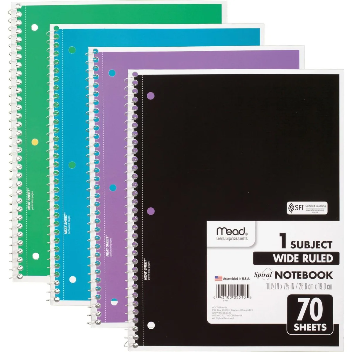 ACCO ACCO 72873 Mead 1 Subject Wide Ruled Spiral Notebook 4 Pack 70 Pages — product photo