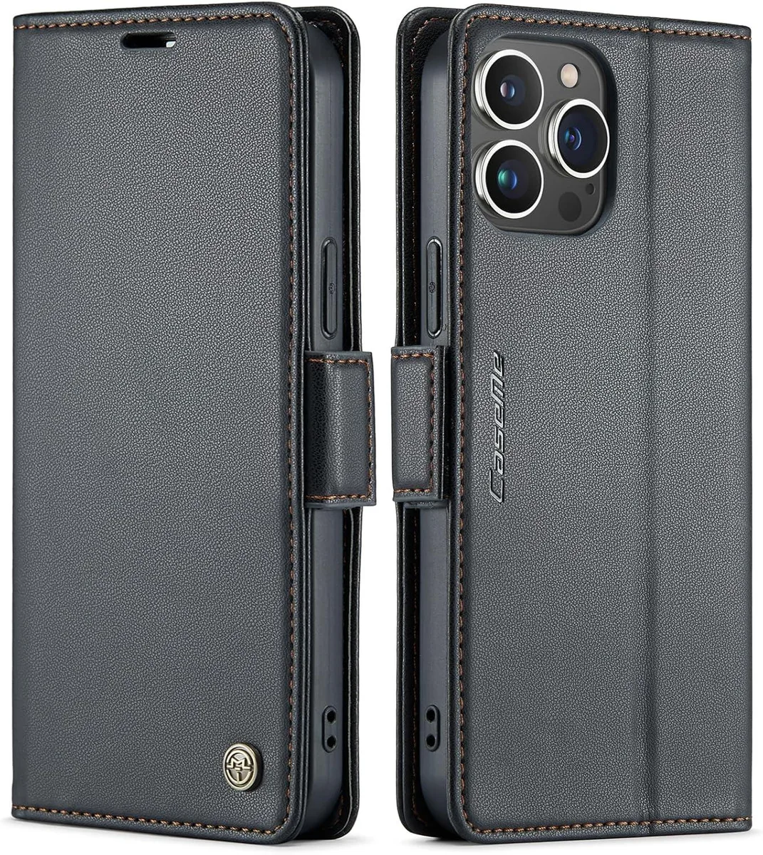 Black leather-look flip folio case for iPhone 13 Pro Max with card slots and kickstand