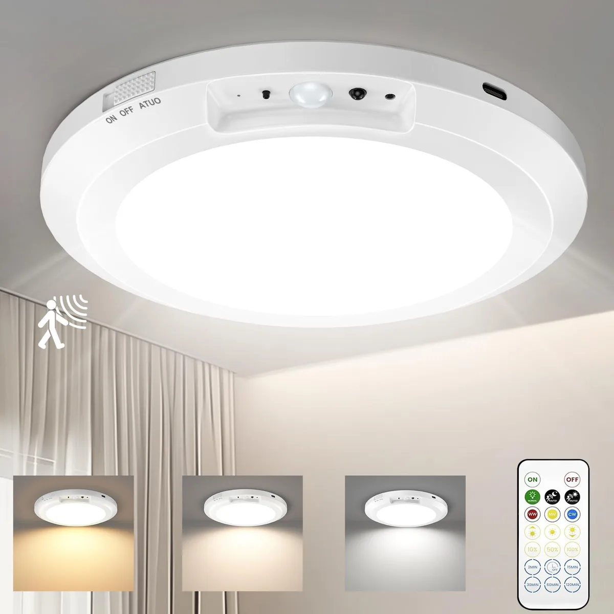 White round flush-mount ceiling light with clear prismatic diffuser and remote control