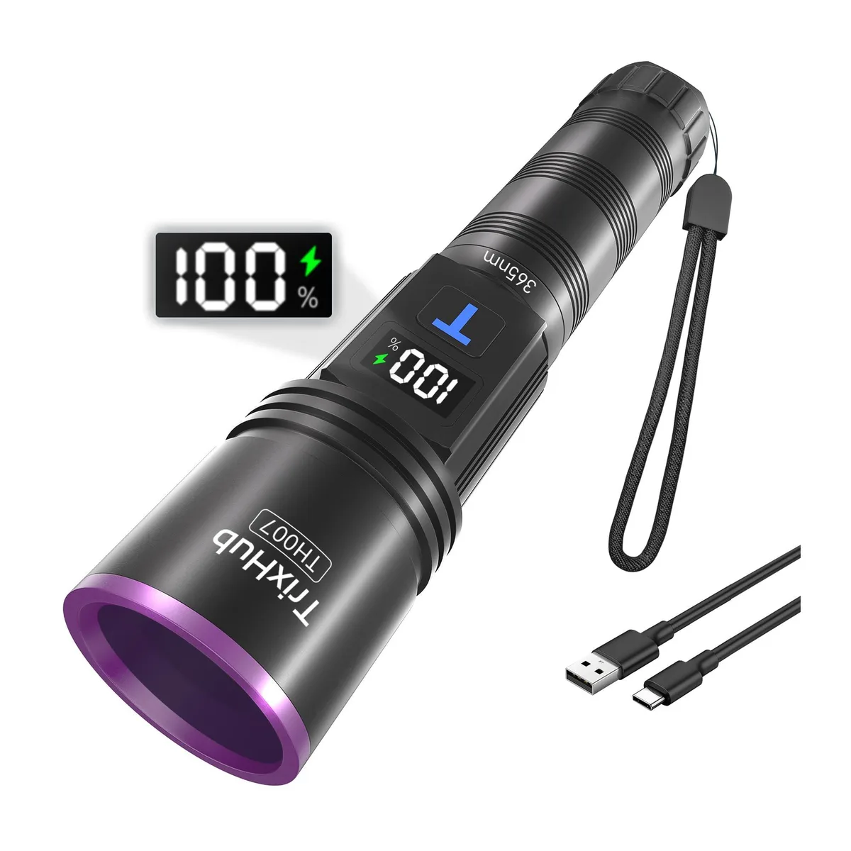 Black cylindrical 365 nm UV flashlight with LCD display and USB-C port