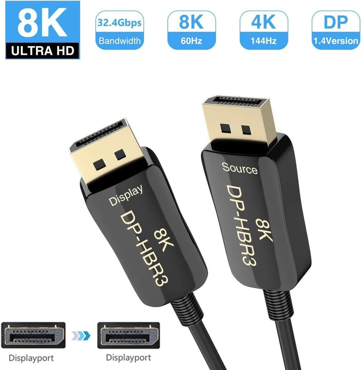 Aomoproing Aomoproing DisplayPort fiber cable 33ft DP1.4 32.4Gbps 8K60 4K165 2K144 gold in-wall — product photo