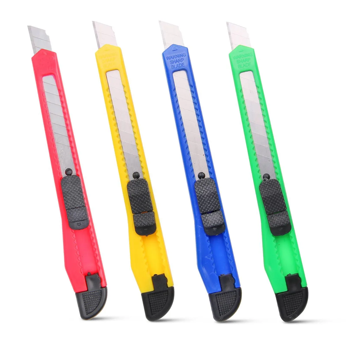 Four blue retractable utility knives, 5.1 inches, plastic handles, carbon steel blades