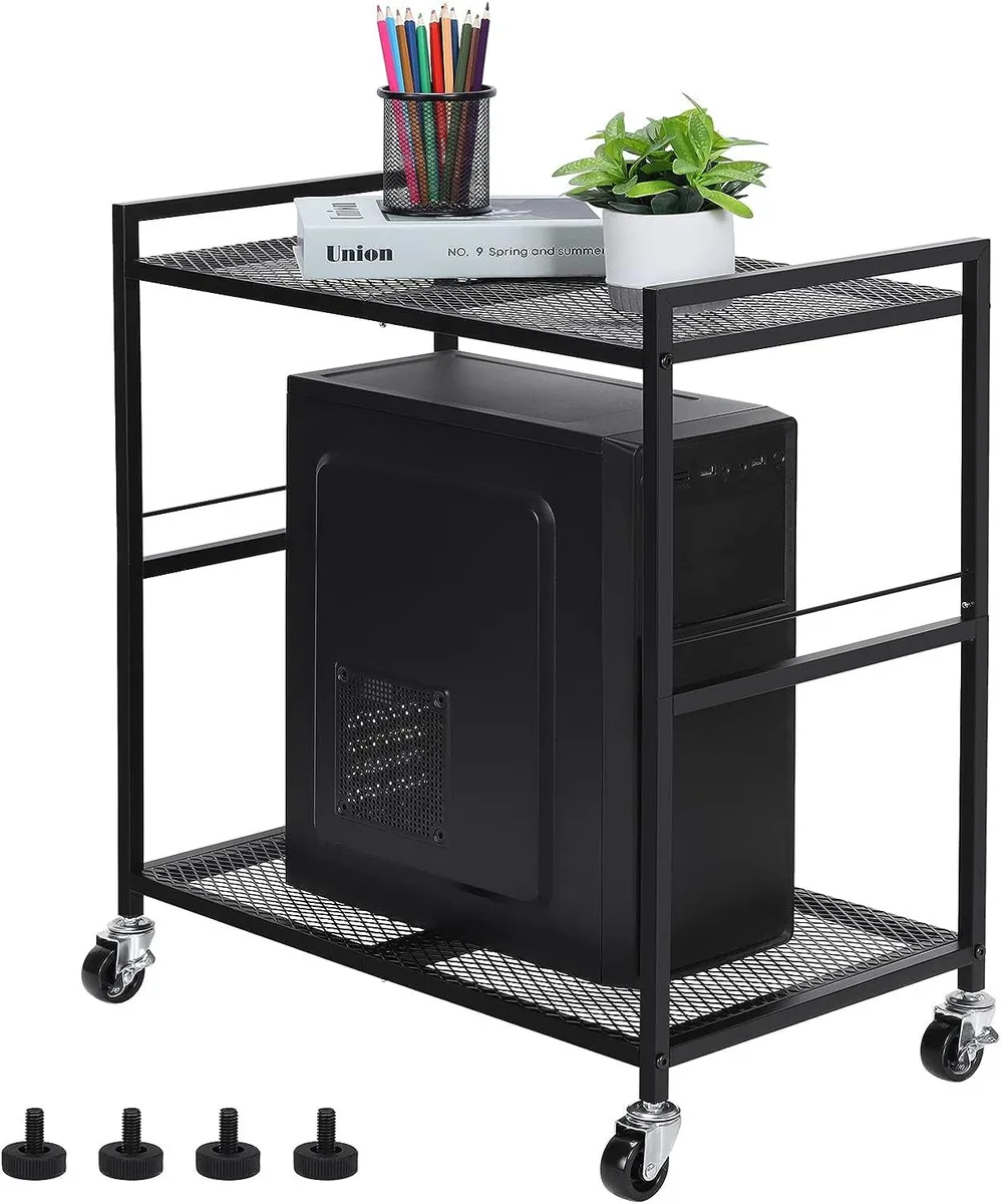 Black two-tier metal cart on wheels with mesh shelves for a computer tower