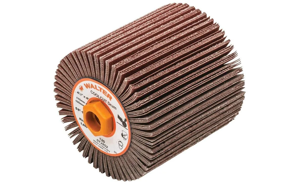 Cylindrical flap abrasive drum with overlapping cloth strips, 120 grit rating visible
