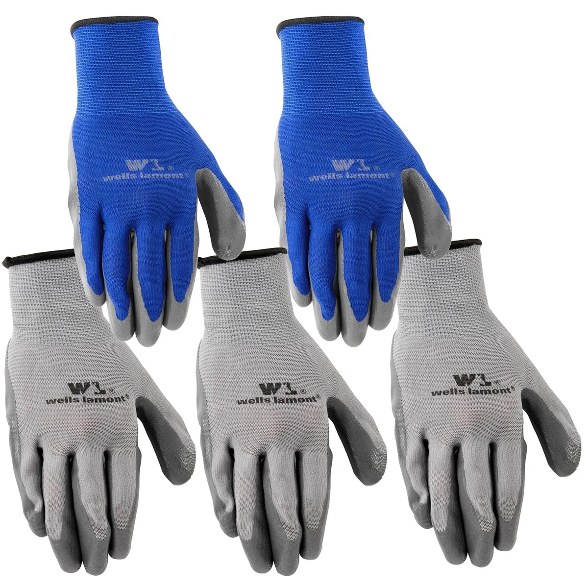 Five pairs of grey nitrile-coated polyester knit gloves with coated palms and knit wrists