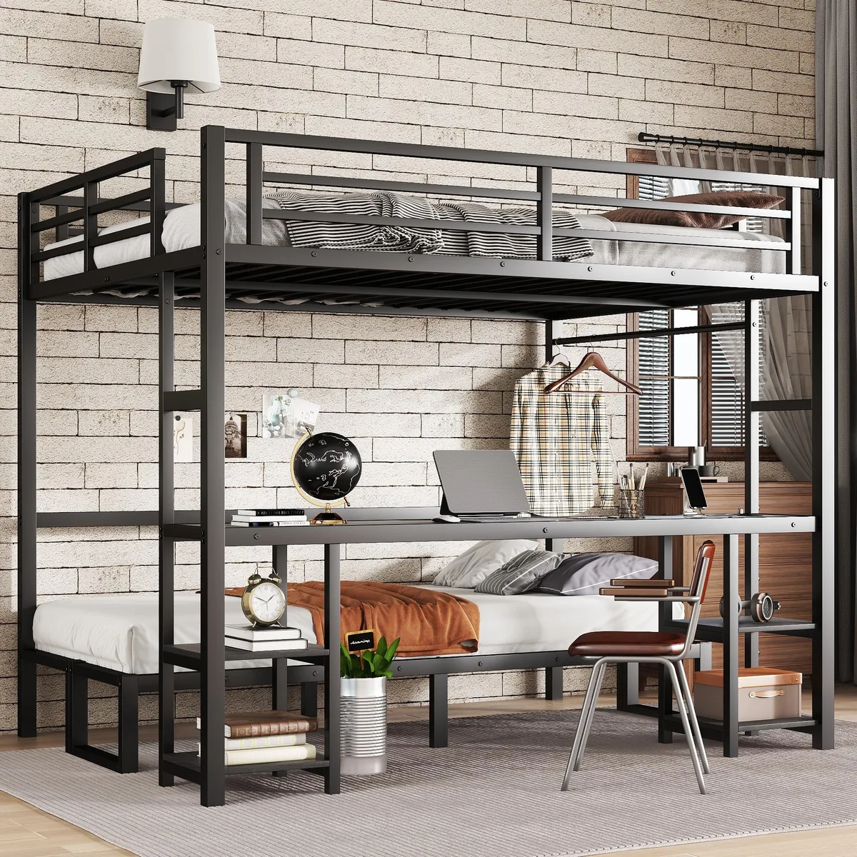 Black metal bunk bed with queen upper, twin XL lower, desk, shelves, LED lights, USB ports, folds into sofa