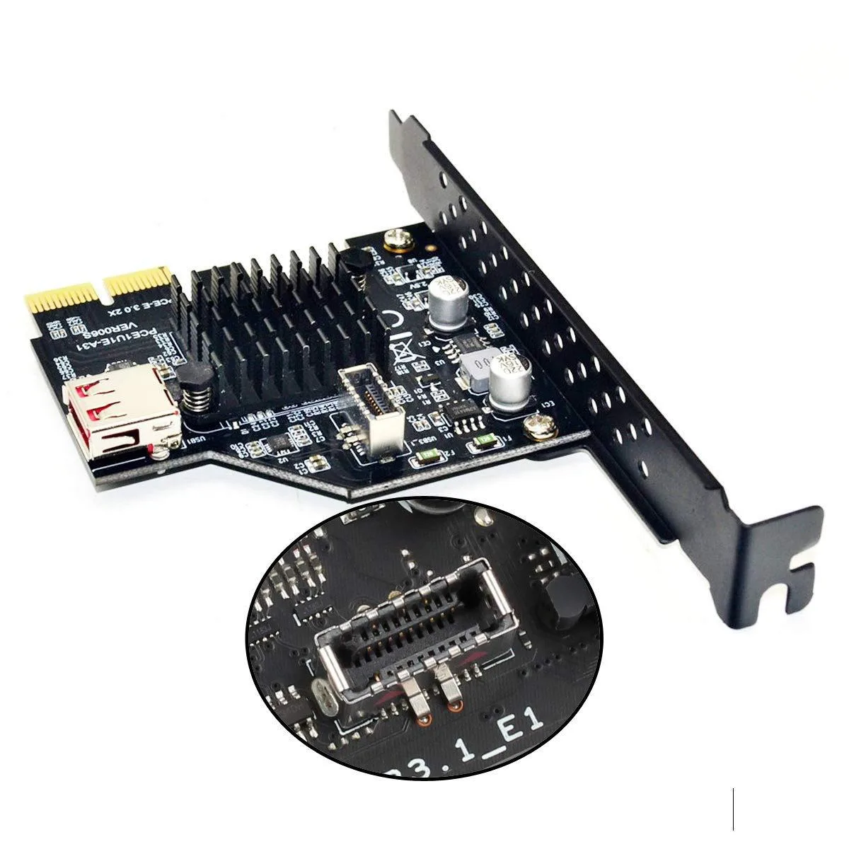 Small green circuit board with a USB 2.0 socket and a USB 3.1 front panel header, PCI-E bracket attached