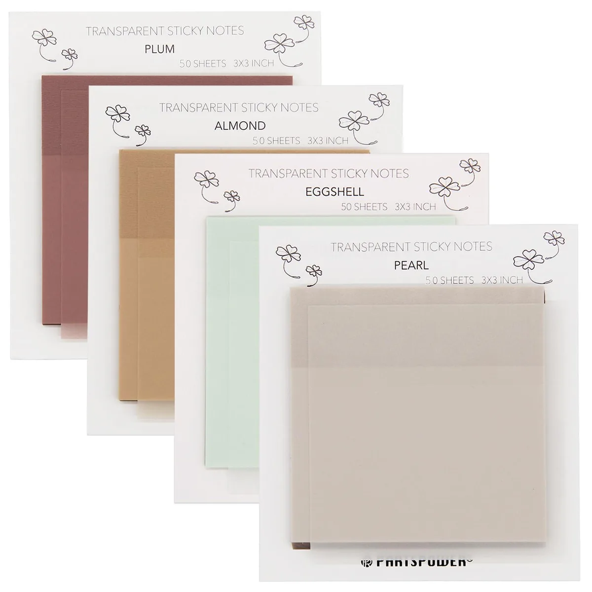 Four square pads of pastel transparent sticky notes, 3x3 inches, 50 sheets each