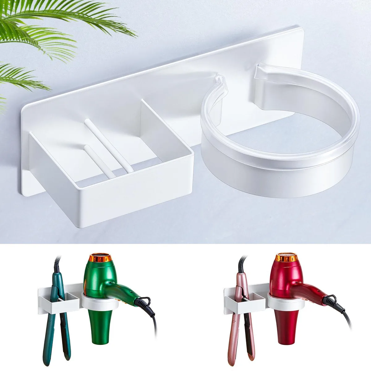 White stainless steel wall-mounted holder with two open compartments and silicone pads for hair dryer and straightener