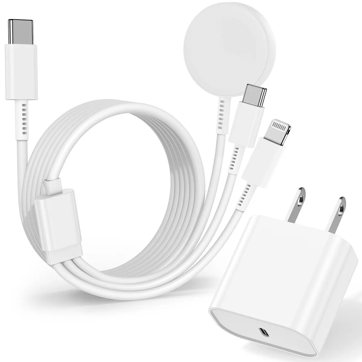White 6ft 3-in-1 cable with USB-C, Lightning and magnetic watch charger plus 20W adapter