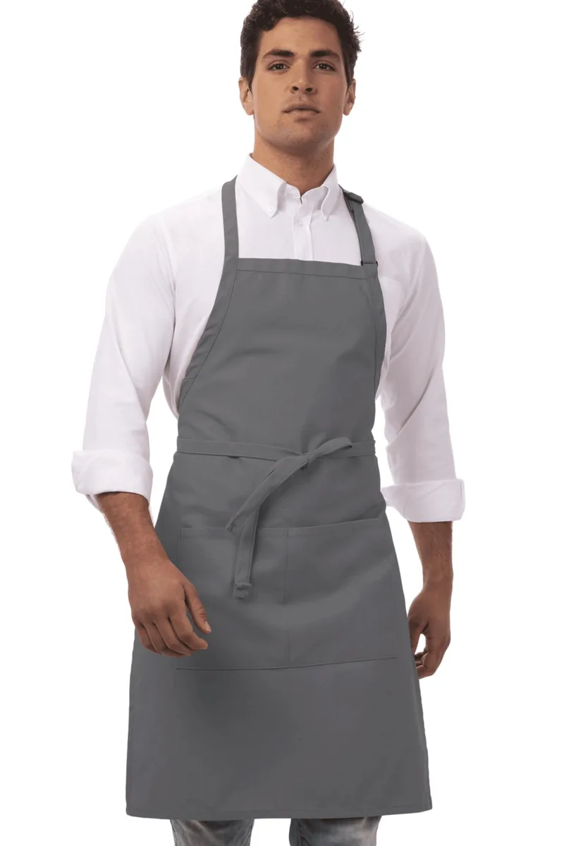 Grey unisex butcher apron, 65% polyester 35% cotton, large front pocket with centre divide
