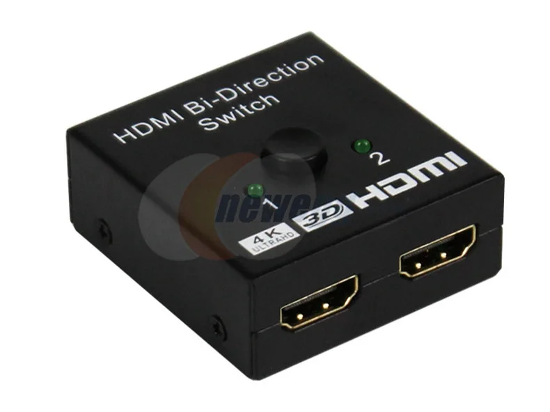 Black bi-directional HDMI switch box with manual select button and two green LEDs