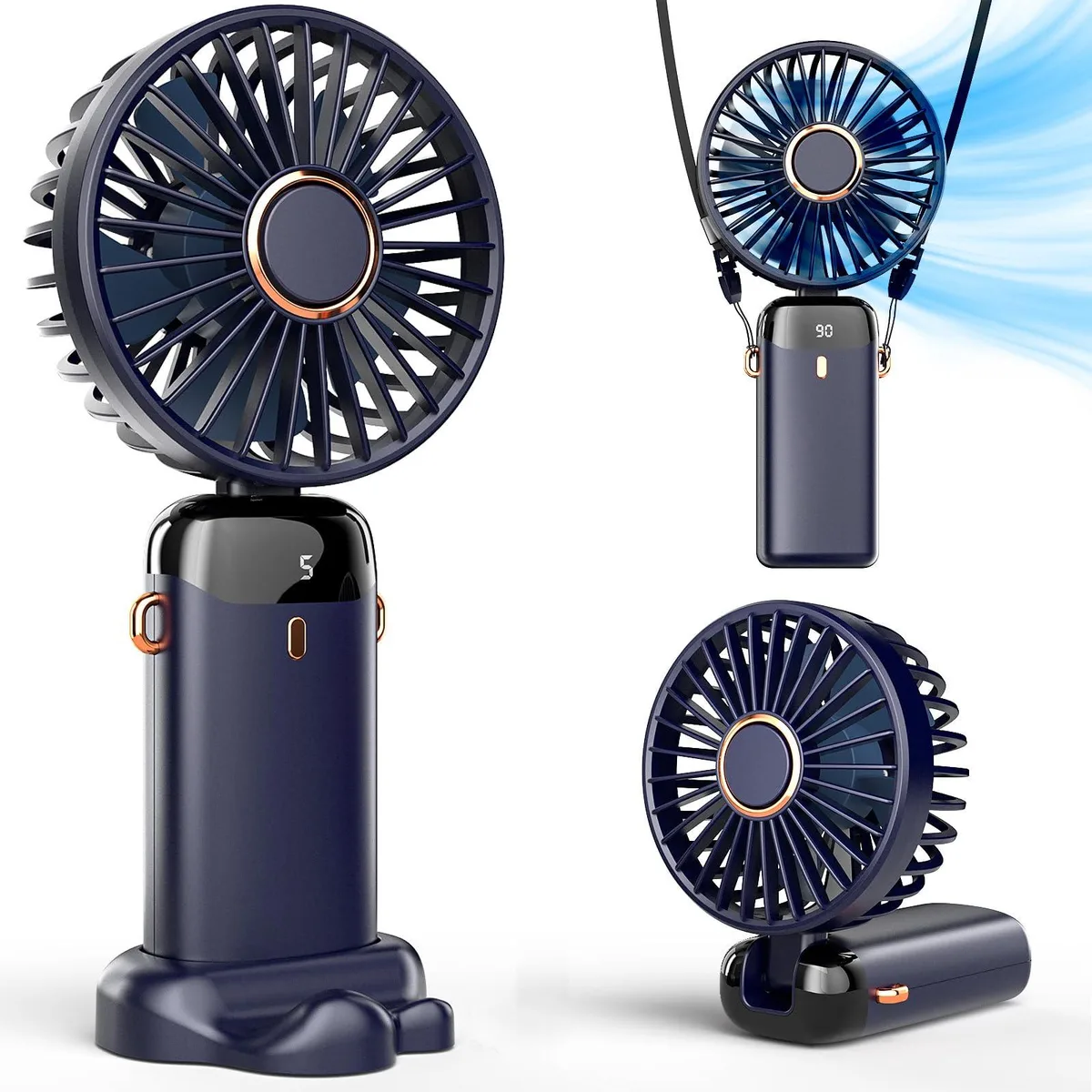 Silver handheld fan with foldable base and digital display